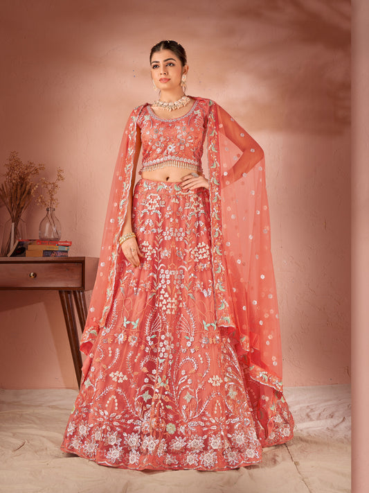 ملابس نسائية Peach PREMIUM NET SEQUANCE وMulti Thread Work مناسبة WEAR LEHENGA CHOLI 