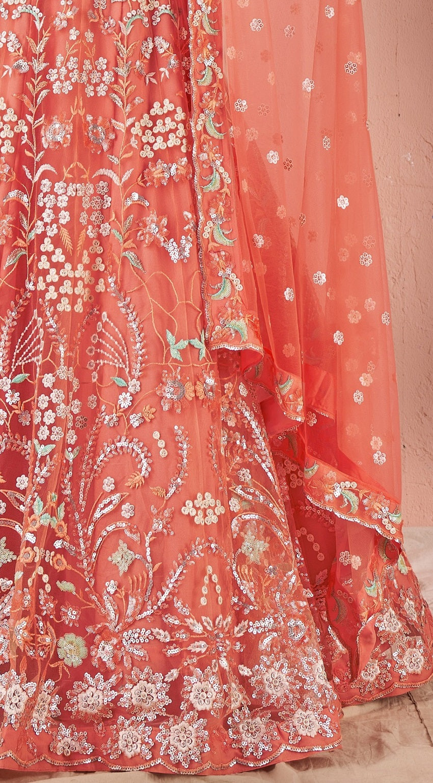 WOMEN'S PEACH PREMIUM NET SEQUANCE AND MULTI THREAD WORK OCCASION WEAR LEHENGA CHOLI