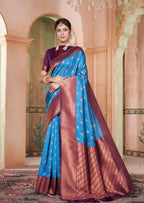 Vsaree Indigo Kanjivaram Silk Saree With Designer Zari Weaving Border And Blouse