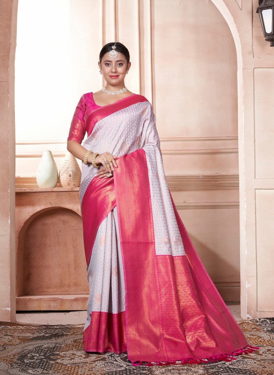 Vsaree Rani Pink Kanjivaram Silk Saree With Designer Zari Weaving Border And Blouse