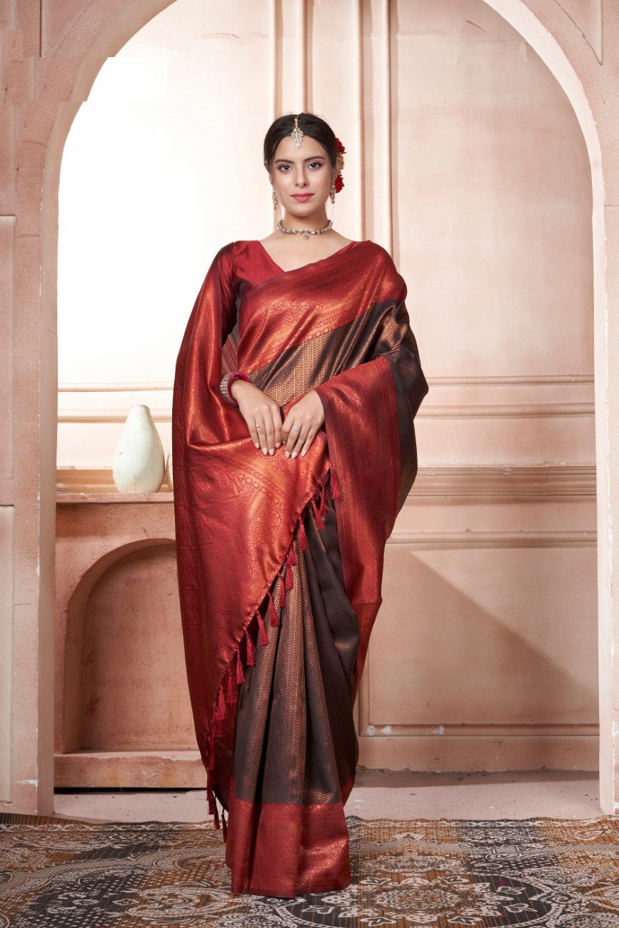 Vsaree Brown Faux Kanjivaram Silk Saree With Designer Zari Weaving Border And Blouse