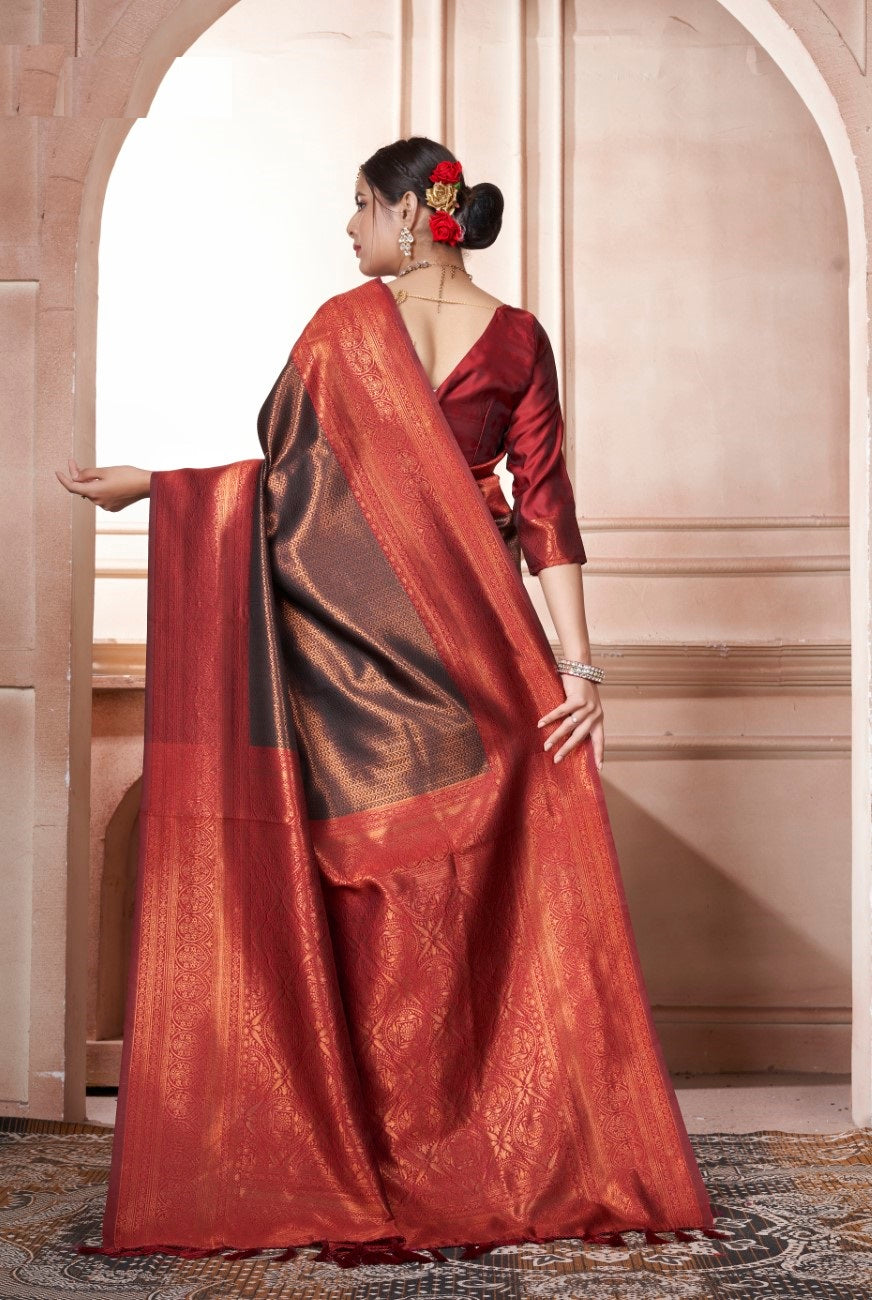 Vsaree Brown Faux Kanjivaram Silk Saree With Designer Zari Weaving Border And Blouse