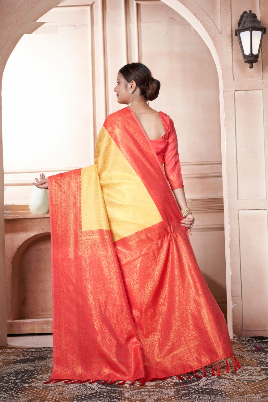 Vsaree Lemon Faux Kanjivaram Silk Saree With Designer Zari Weaving Border And Blouse