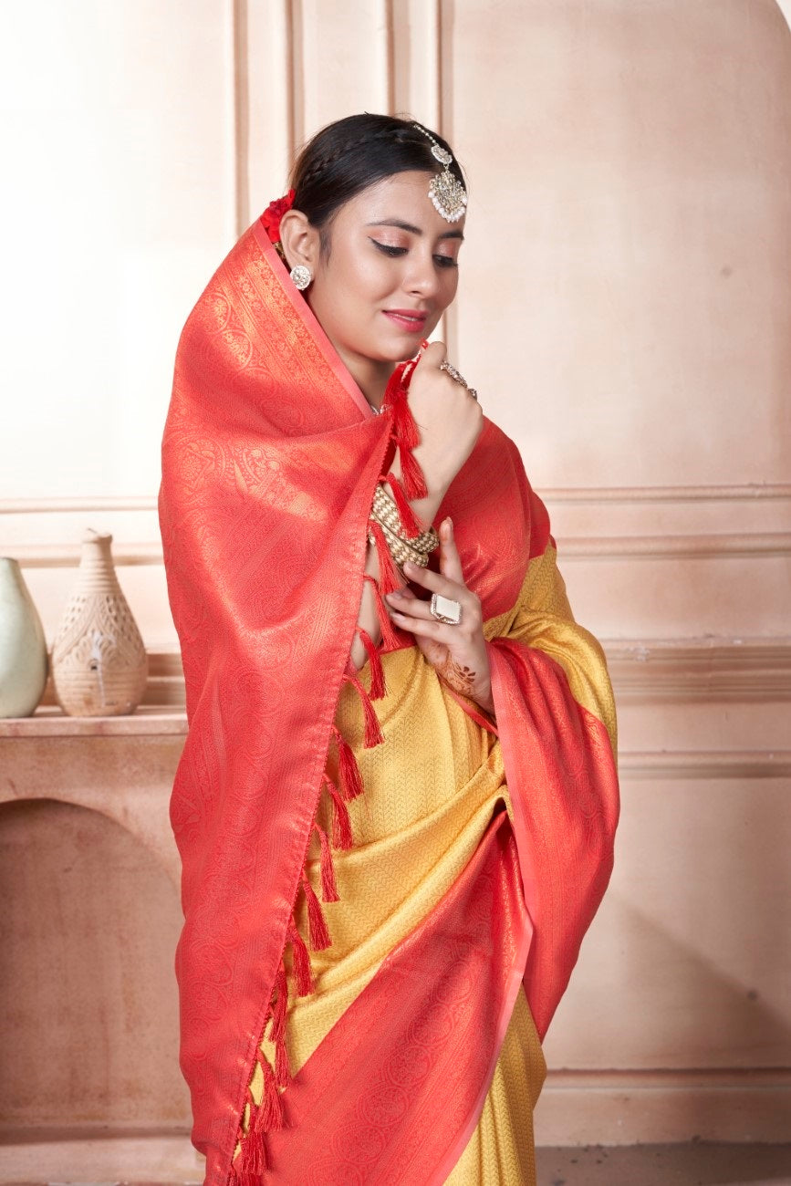 Vsaree Lemon Faux Kanjivaram Silk Saree With Designer Zari Weaving Border And Blouse