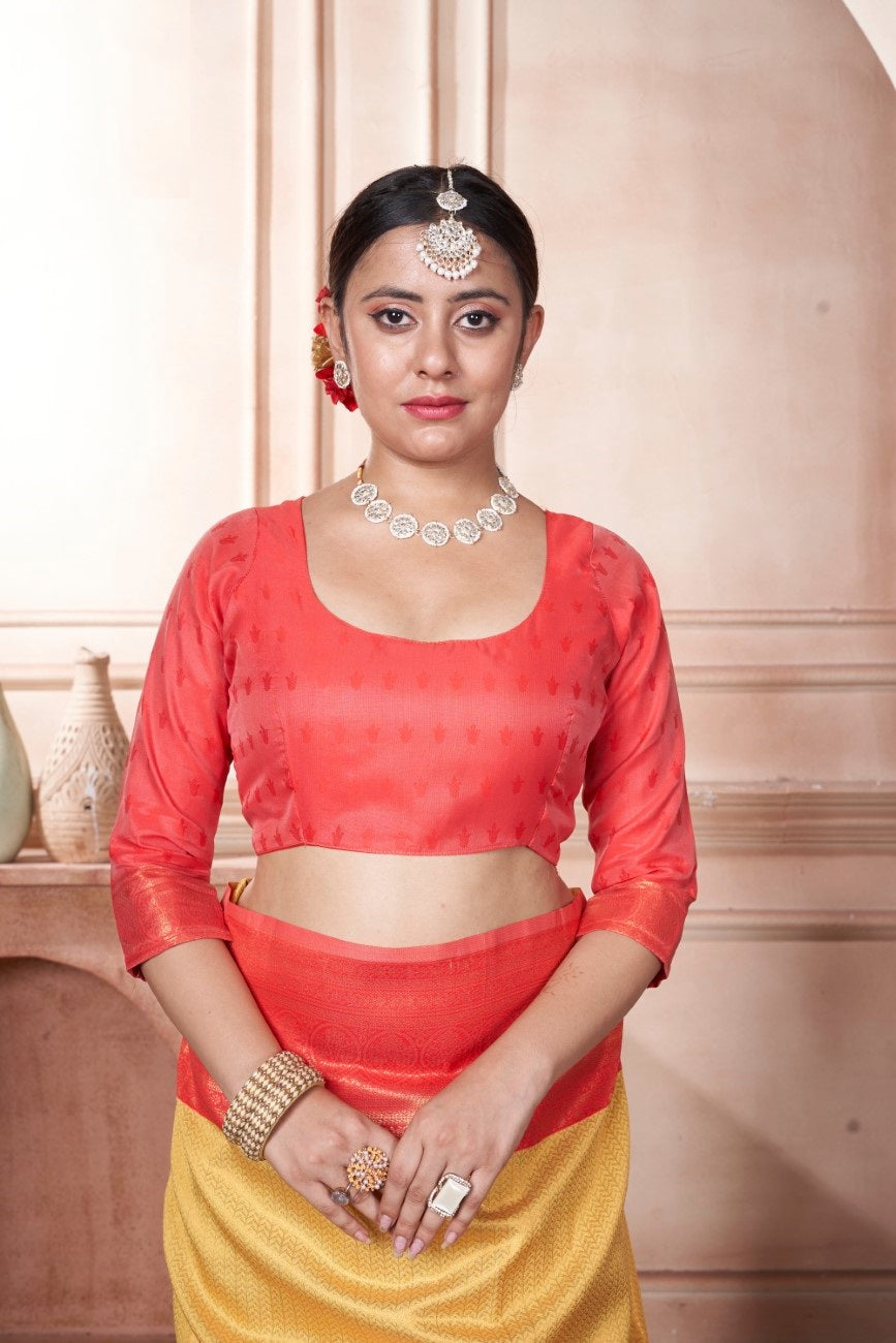 Vsaree Lemon Faux Kanjivaram Silk Saree With Designer Zari Weaving Border And Blouse