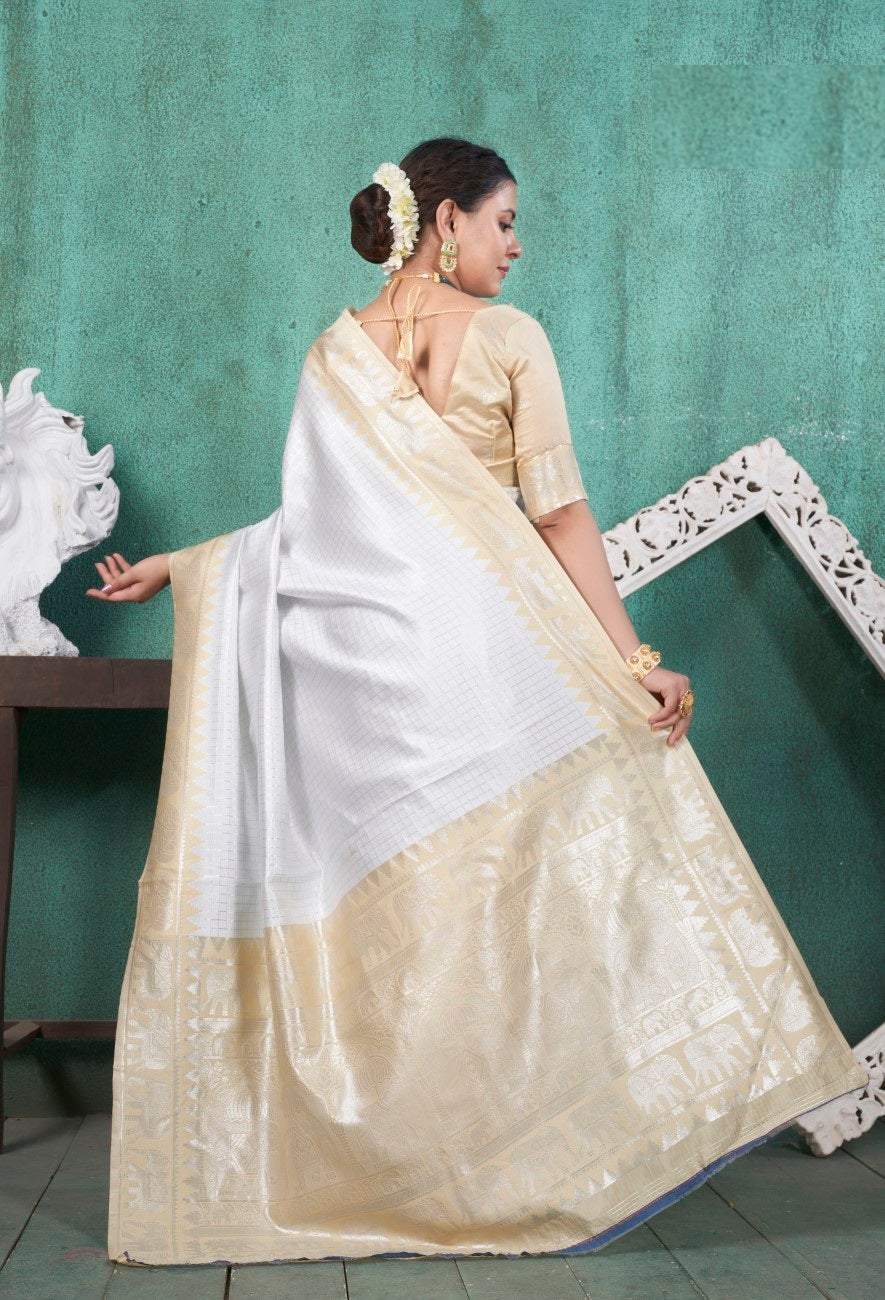Vsaree White Faux Kanjivaram Silk Saree With Designer Zari Weaving Border And Blouse