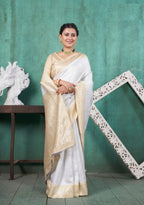 Vsaree White Faux Kanjivaram Silk Saree With Designer Zari Weaving Border And Blouse