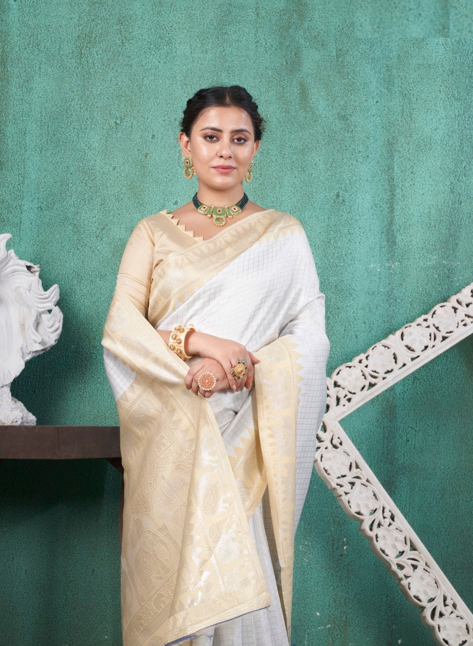 Vsaree White Faux Kanjivaram Silk Saree With Designer Zari Weaving Border And Blouse