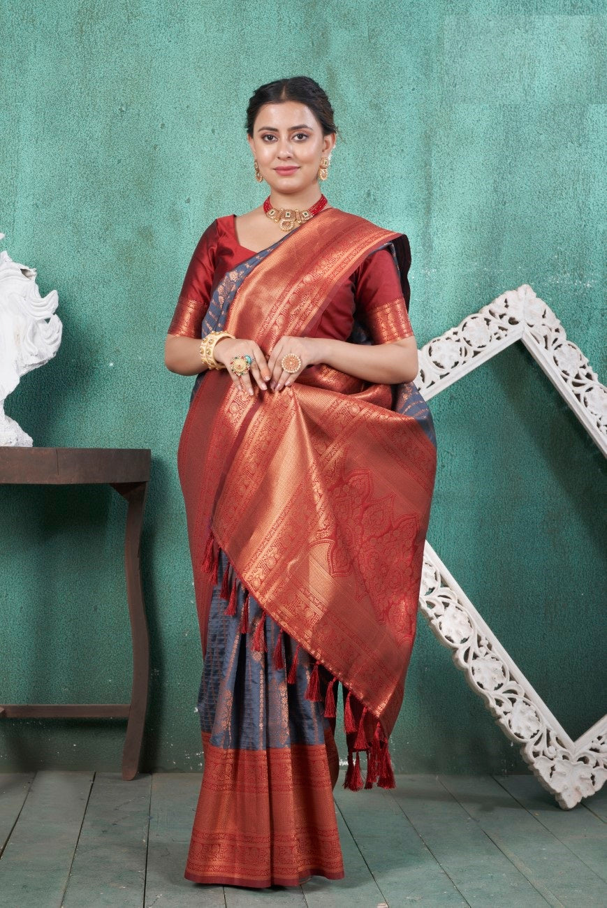Vsaree Grey Kanjivaram Silk Saree With Designer Zari Weaving Border And Blouse