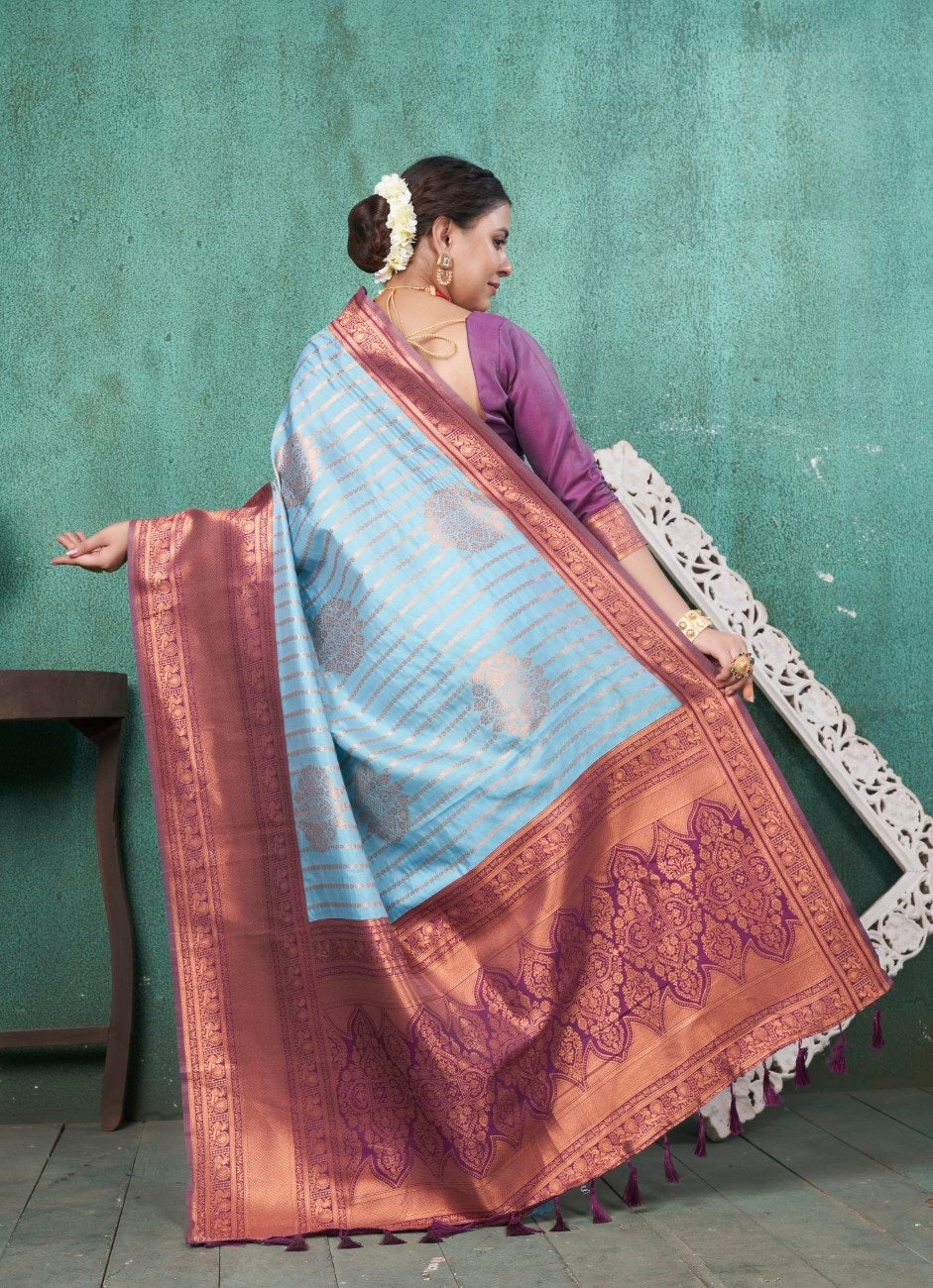 Vsaree Sky Blue Kanjivaram Silk Saree With Designer Zari Weaving Border And Blouse