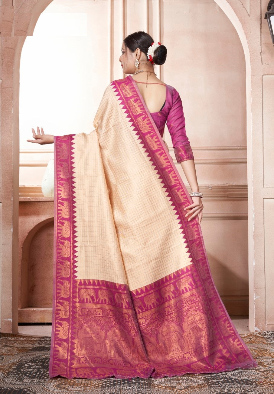 Vsaree Cream Faux Kanjivaram Silk Saree With Designer Zari Weaving Border And Blouse