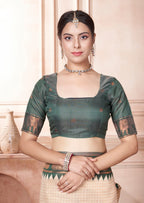 Vsaree Dark Green Faux Kanjivaram Silk Saree With Designer Zari Weaving Border And Blouse