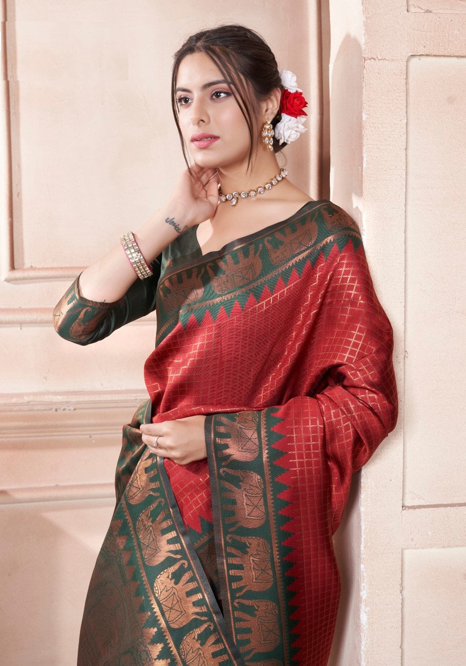 Vsaree Red Faux Kanjivaram Silk Saree With Designer Zari Weaving Border And Blouse