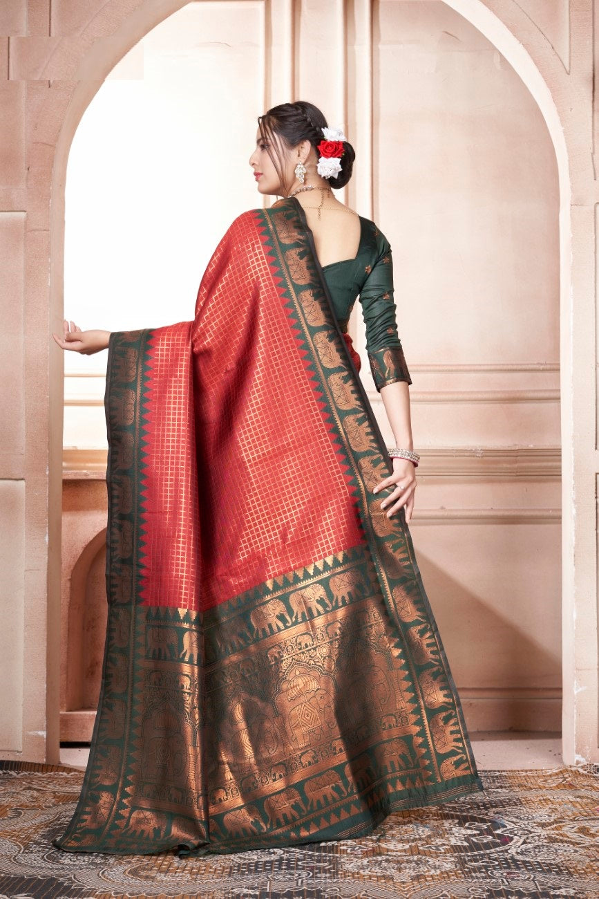 Vsaree Red Faux Kanjivaram Silk Saree With Designer Zari Weaving Border And Blouse