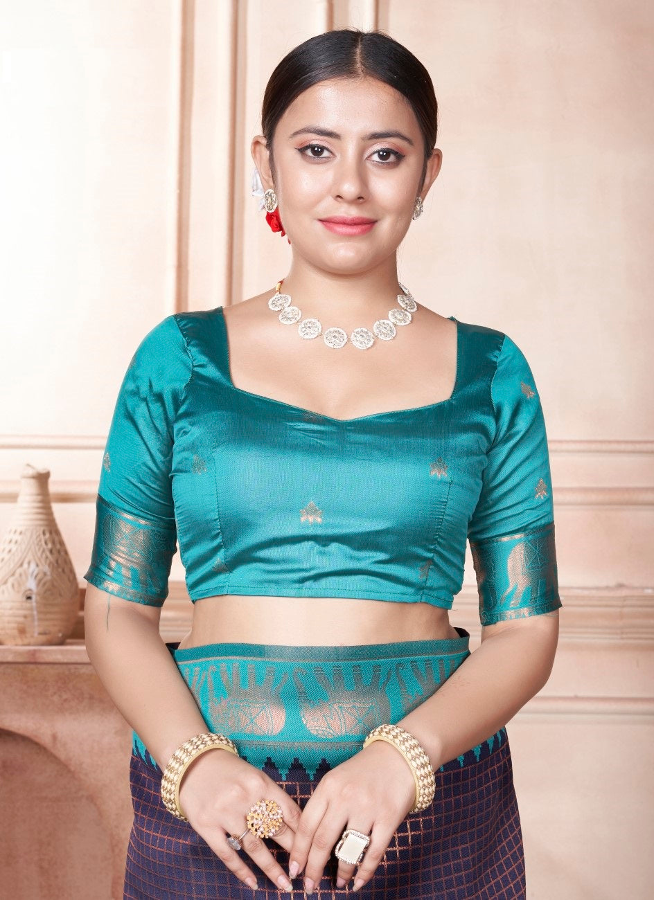 Vsaree Teal Faux Kanjivaram Silk Saree With Designer Zari Weaving Border And Blouse