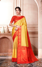 Vsaree Yellow Faux Kanjivaram Silk Saree With Designer Zari Weaving Border And Blouse