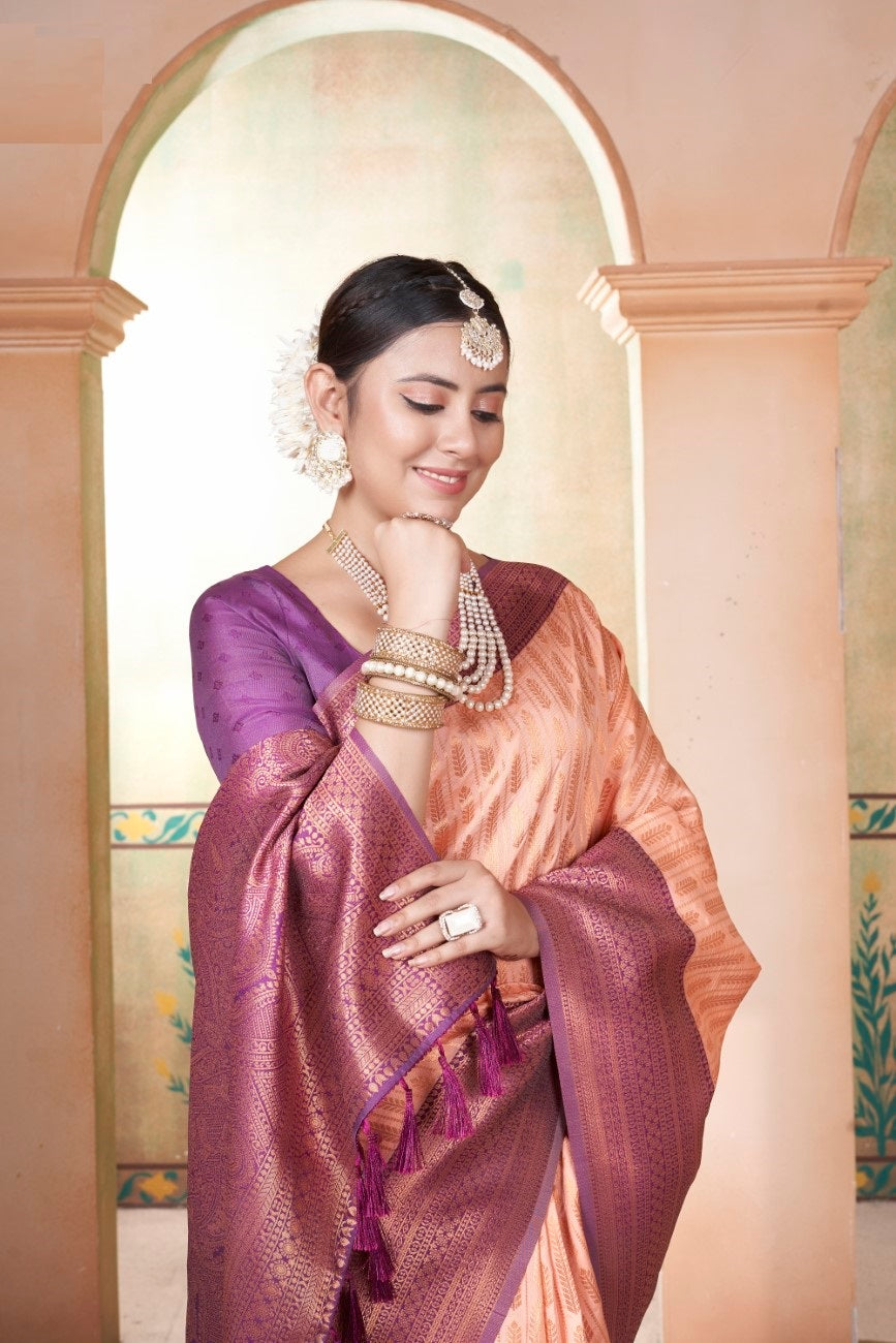 Vsaree Cream Faux Kanjivaram Silk Saree With Designer Zari Weaving Border And Blouse