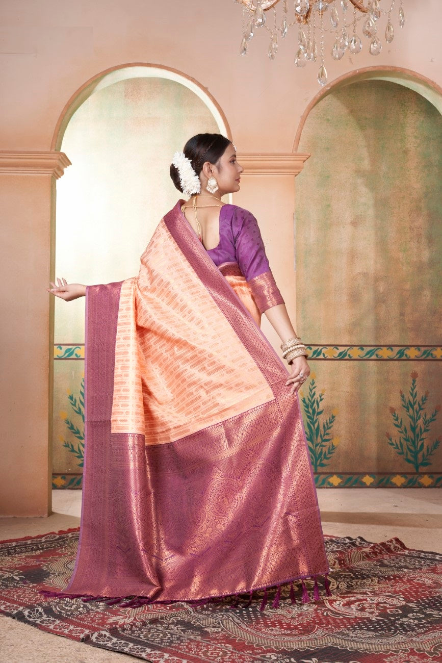 Vsaree Cream Faux Kanjivaram Silk Saree With Designer Zari Weaving Border And Blouse