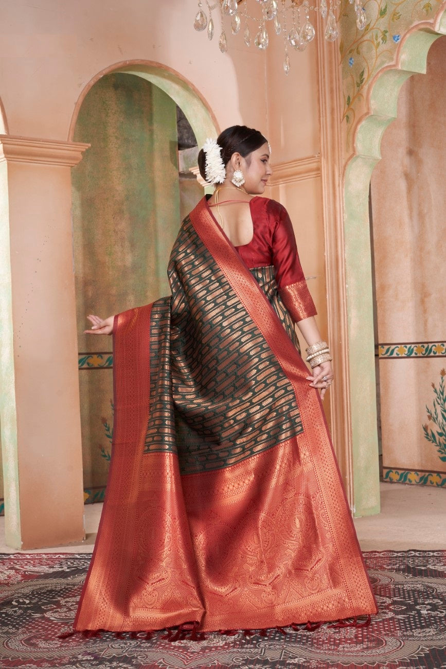 Vsaree Mahendi Faux Kanjivaram Silk Saree With Designer Zari Weaving Border And Blouse