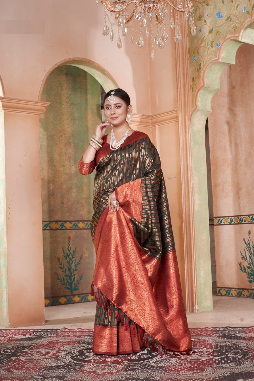 Vsaree Mahendi Faux Kanjivaram Silk Saree With Designer Zari Weaving Border And Blouse