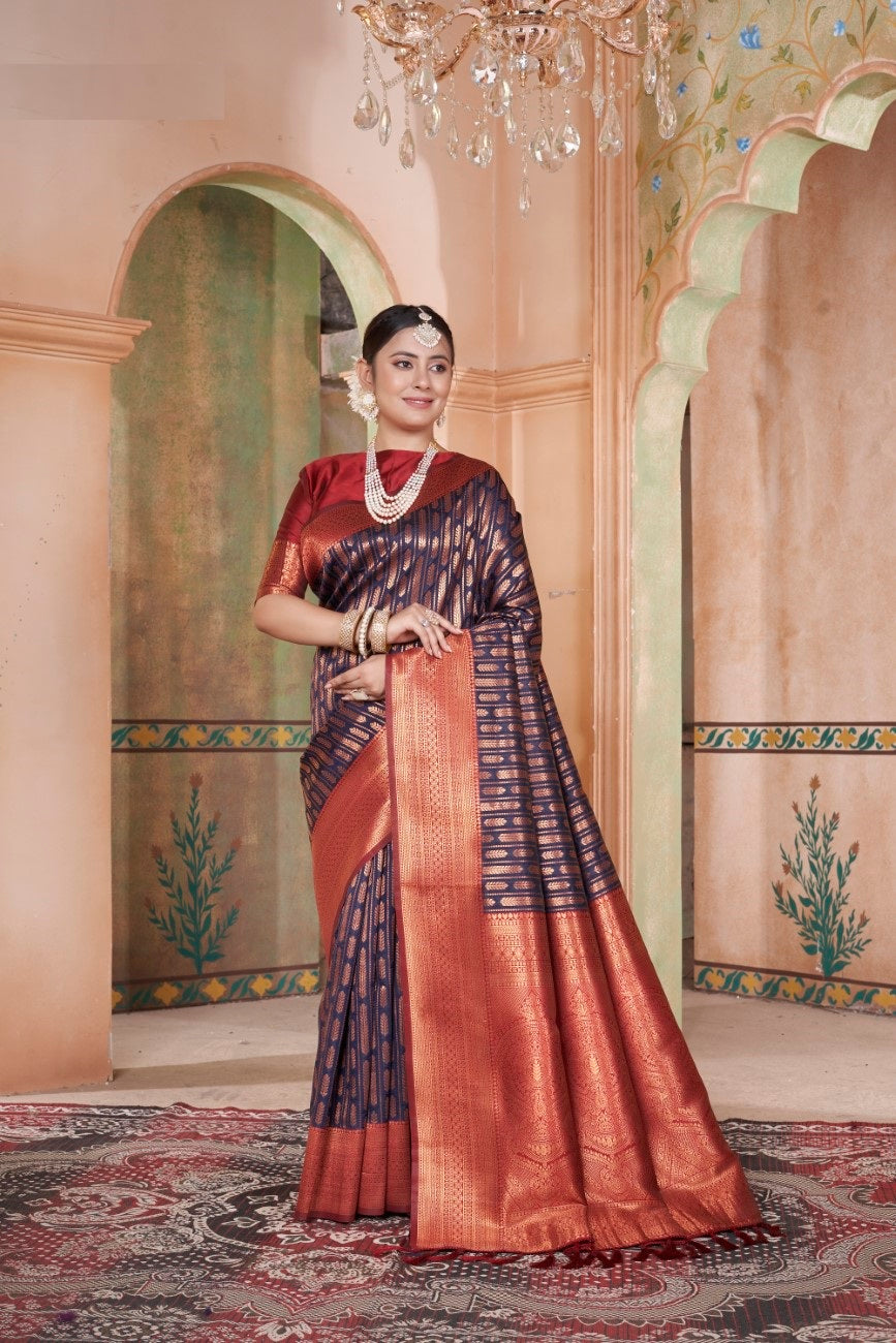 Vsaree Navy Blue Faux Kanjivaram Silk Saree With Designer Zari Weaving Border And Blouse
