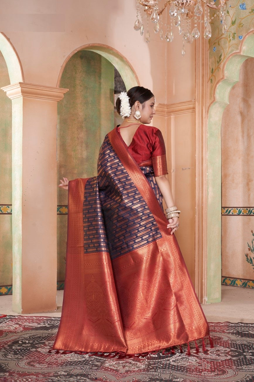 Vsaree Navy Blue Faux Kanjivaram Silk Saree With Designer Zari Weaving Border And Blouse