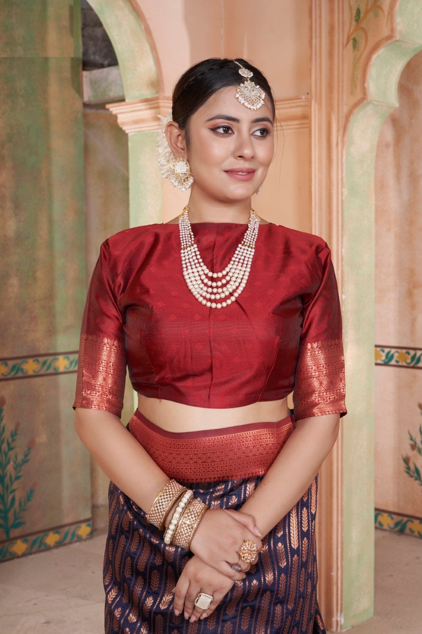 Vsaree Navy Blue Faux Kanjivaram Silk Saree With Designer Zari Weaving Border And Blouse