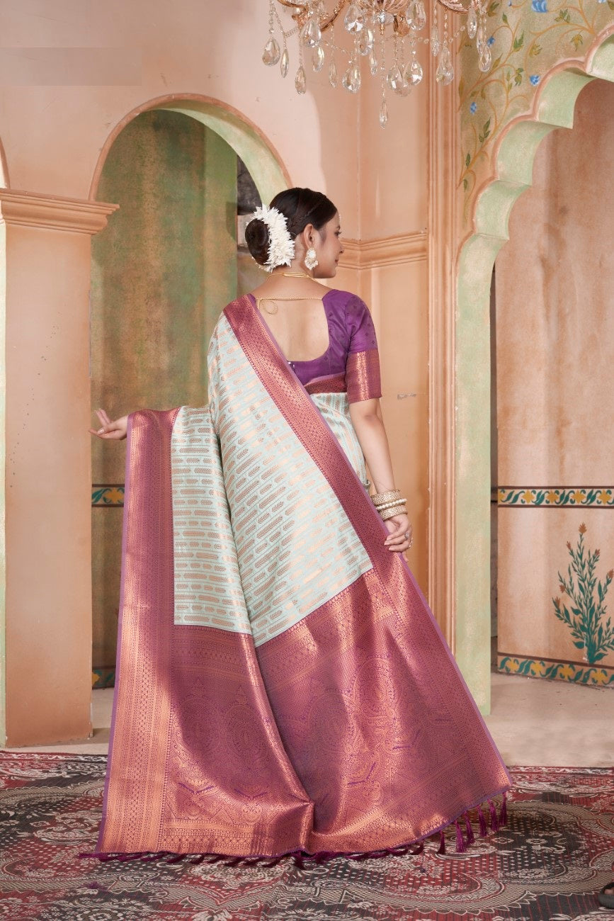 Vsaree Off White Faux Kanjivaram Silk Saree With Designer Zari Weaving Border And Blouse