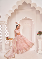 WOMEN'S BABY PINK BUTTERFLY NET EMBROIDERED THREAD WORK PARTY WEAR LEHENGA CHOLI