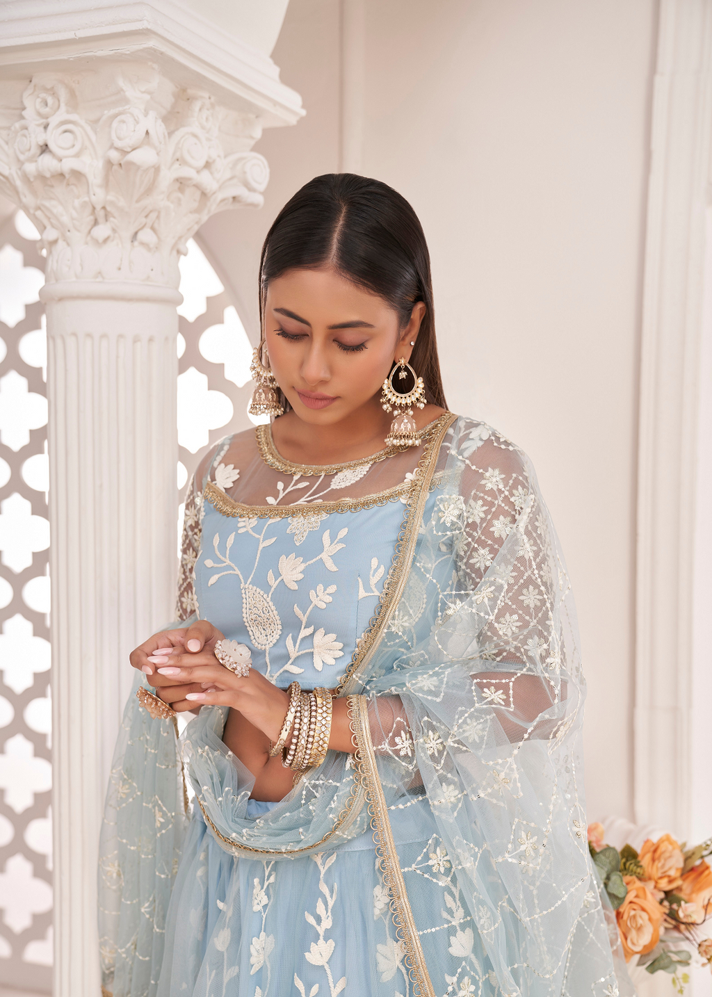 WOMEN'S SKY BLUE BUTTERFLY NET EMBROIDERED THREAD WORK FESTIVALS LEHENGA CHOLI