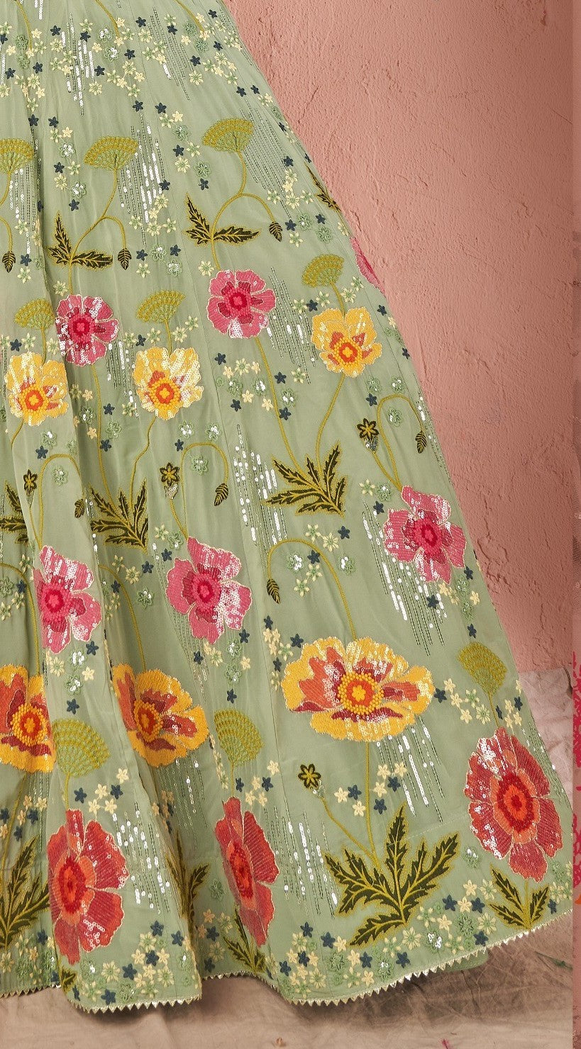 WOMEN'S GREEN GEORGETTE PREMIUM SEQUANCE AND MULTI THREAD WORK OCCASION WEAR LEHENGA CHOLI