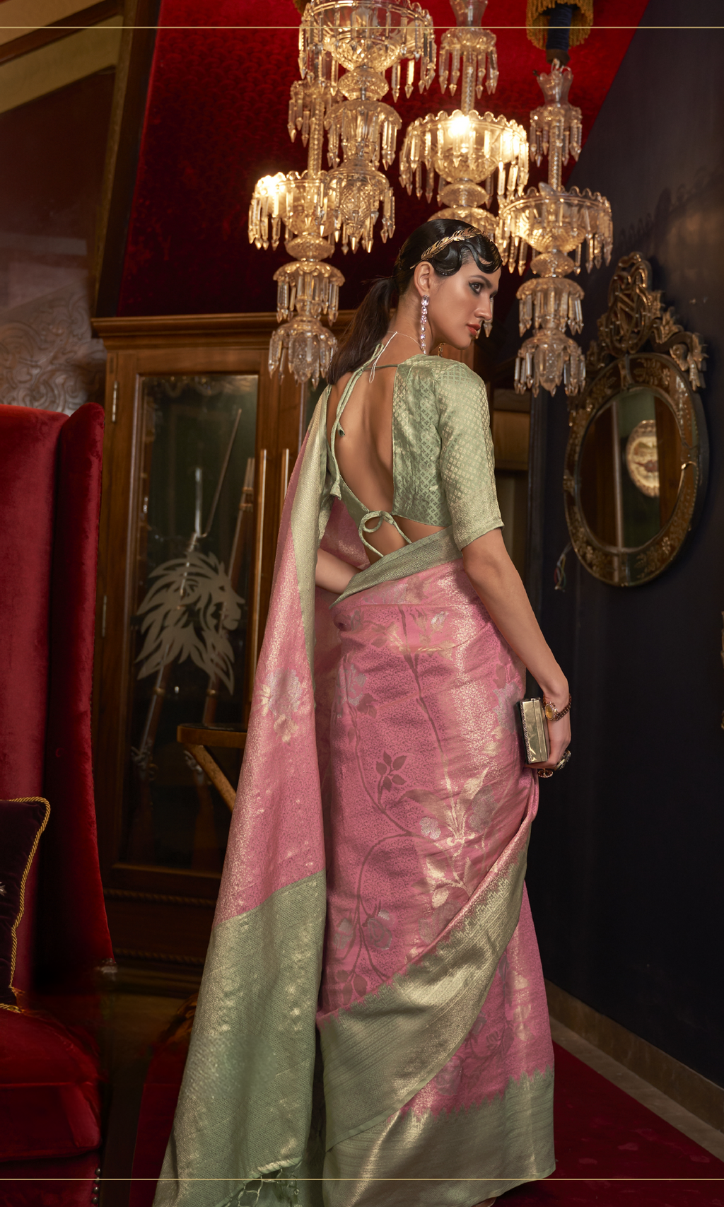 Vsaree Pink Banarasi Silk Zari Weaving Work With Banarasi Design Saree And Blouse