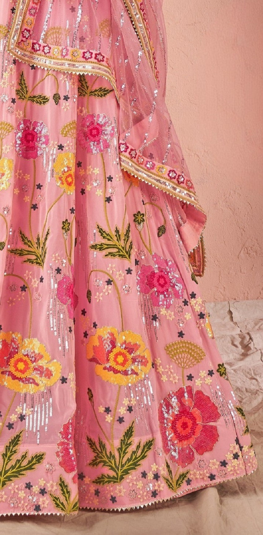 WOMEN'S PINK GEORGETTE PREMIUM SEQUANCE AND MULTI THREAD WORK OCCASION WEAR LEHENGA CHOLI