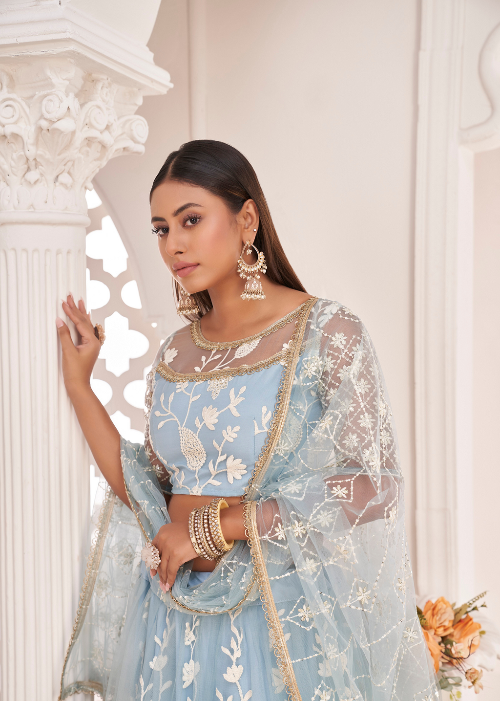 WOMEN'S SKY BLUE BUTTERFLY NET EMBROIDERED THREAD WORK FESTIVALS LEHENGA CHOLI