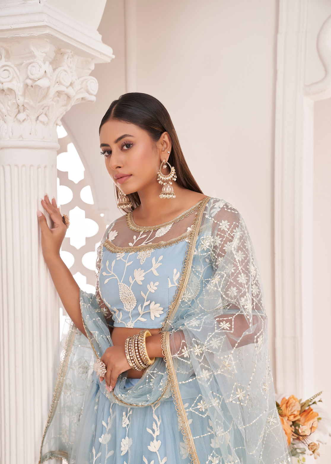 WOMEN'S SKY BLUE BUTTERFLY NET EMBROIDERED THREAD WORK FESTIVALS LEHENGA CHOLI
