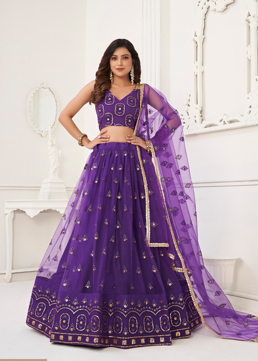 شبكة نسائية نسائية بنفسجية على شكل فراشة مطرزة بخيط عمل مصمم LEHENGA CHOLI 