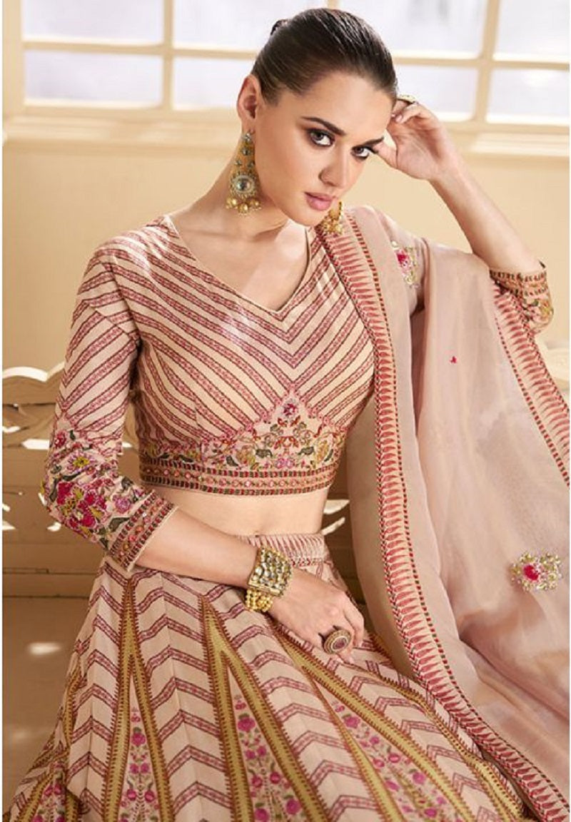WOMEN'S ASPIRING BEIGE WITH EMBROIDERED OCCASION WEAR LEHENGA CHOLI
