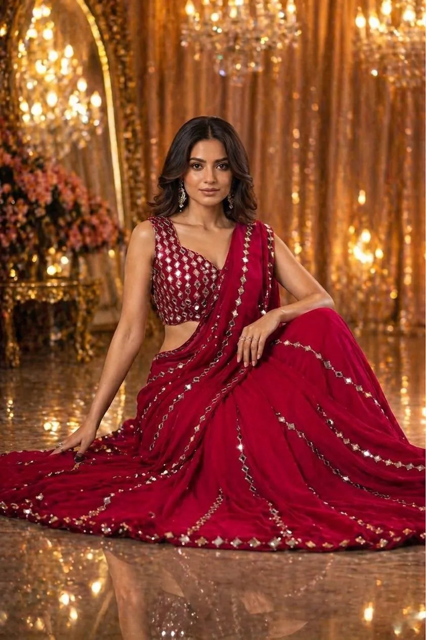Faux Georgette Real Mirror Work Saree Embroidery Sequins Real Mirror Work
