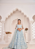 المرأة السماء الزرقاء الفراشة صافي خيط مطرز مهرجانات العمل LEHENGA CHOLI 