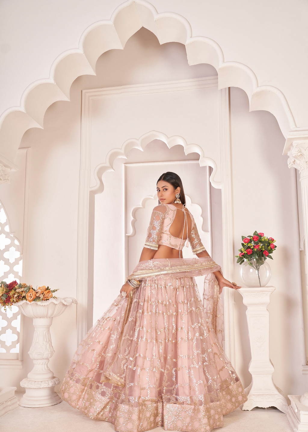 WOMEN'S BABY PINK BUTTERFLY NET EMBROIDERED THREAD WORK PARTY WEAR LEHENGA CHOLI