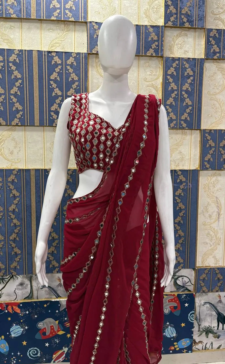 Faux Georgette Real Mirror Work Saree Embroidery Sequins Real Mirror Work