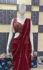 Faux Georgette Real Mirror Work Saree Embroidery Sequins Real Mirror Work