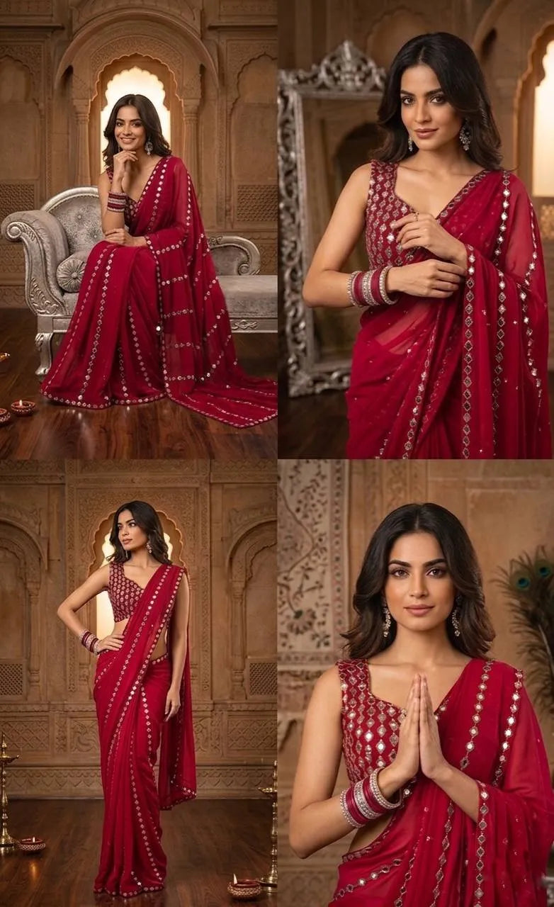 Faux Georgette Real Mirror Work Saree Embroidery Sequins Real Mirror Work