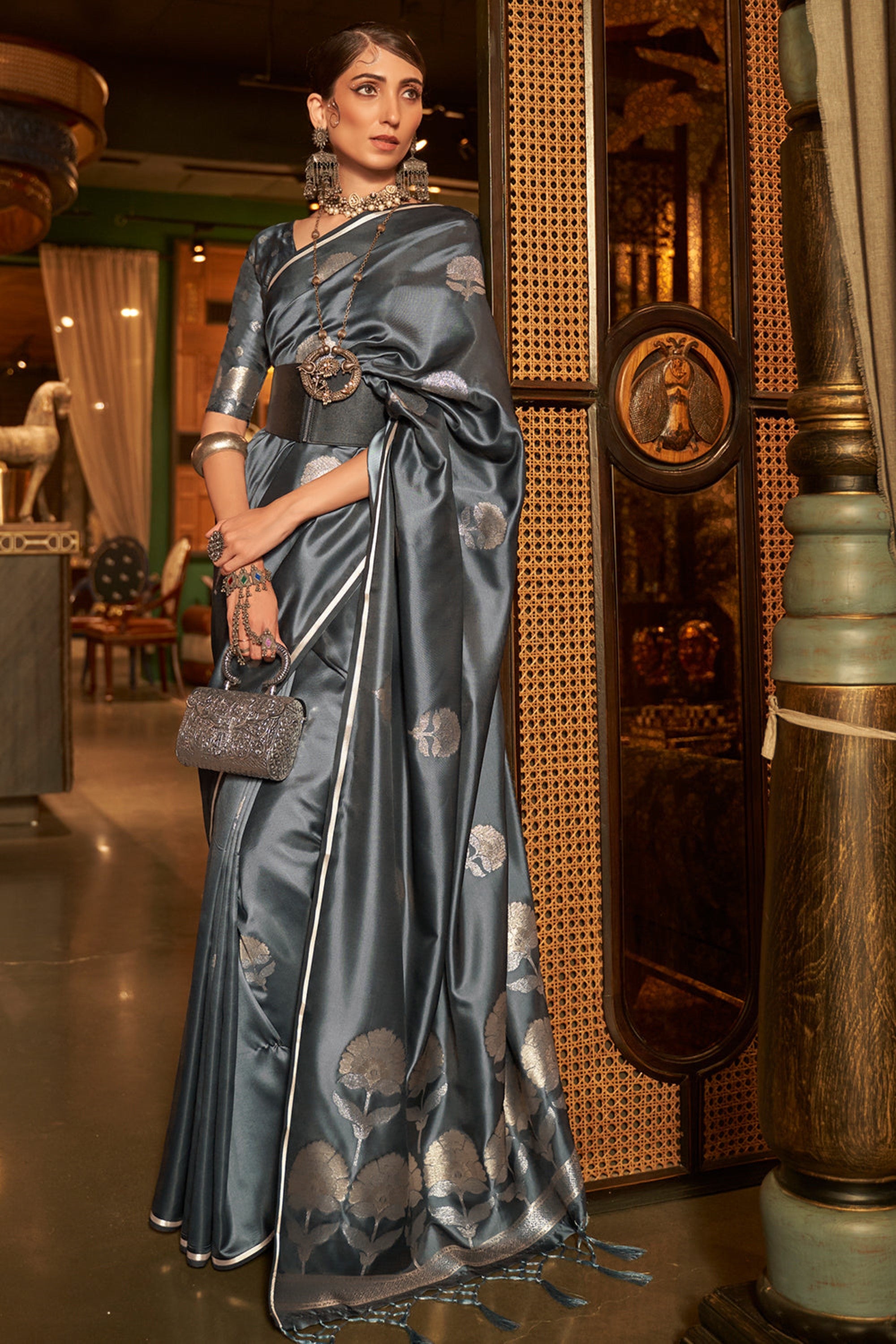 Designer Party Wear  Golden Zari Weaving Overall Butti Design Satin Silk Saree With Heavy Blouse