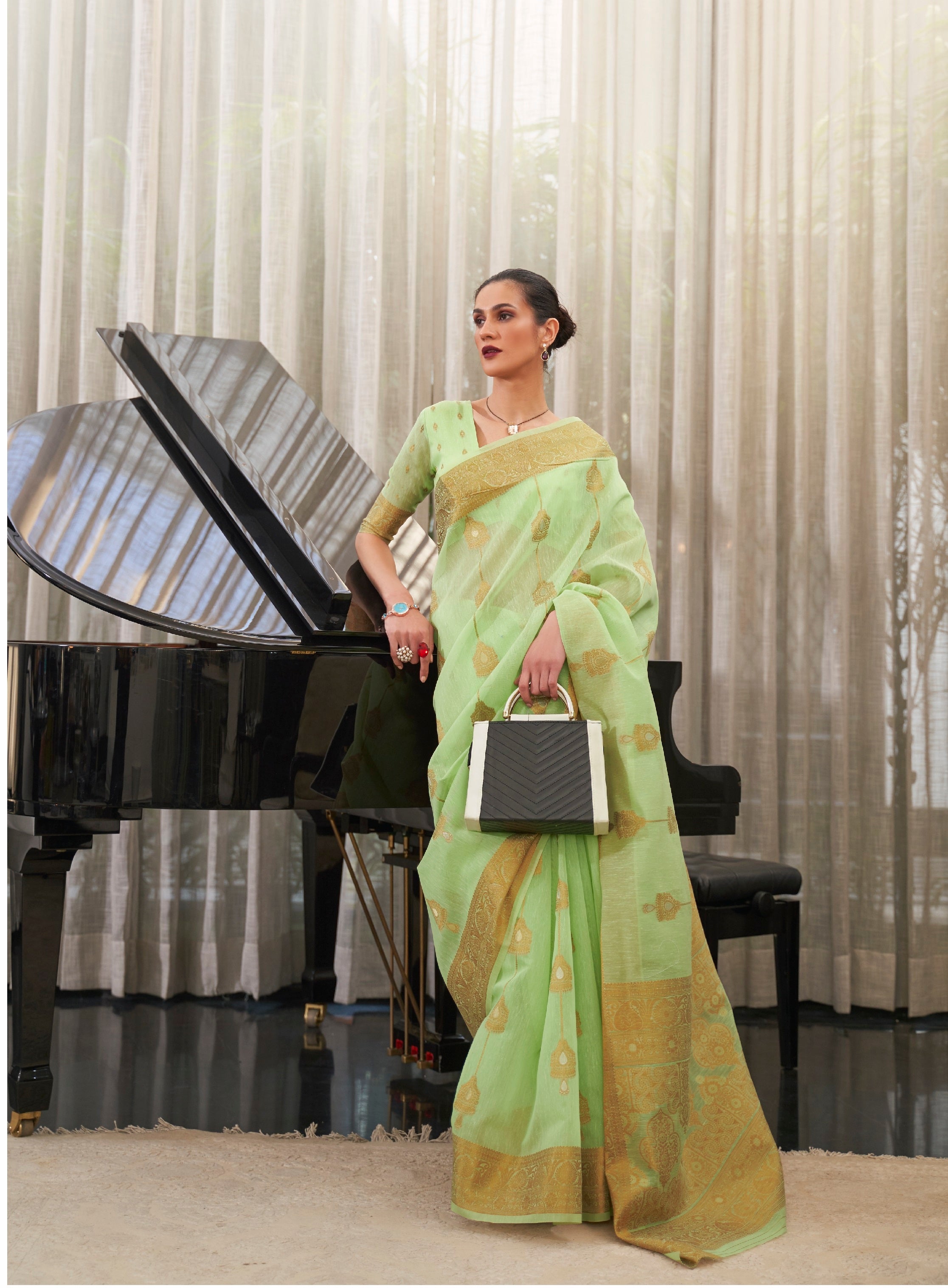 Designer Zari Weaving Yellow Color Banarasi linen Cotton Silk Saree With Heavy Blouse