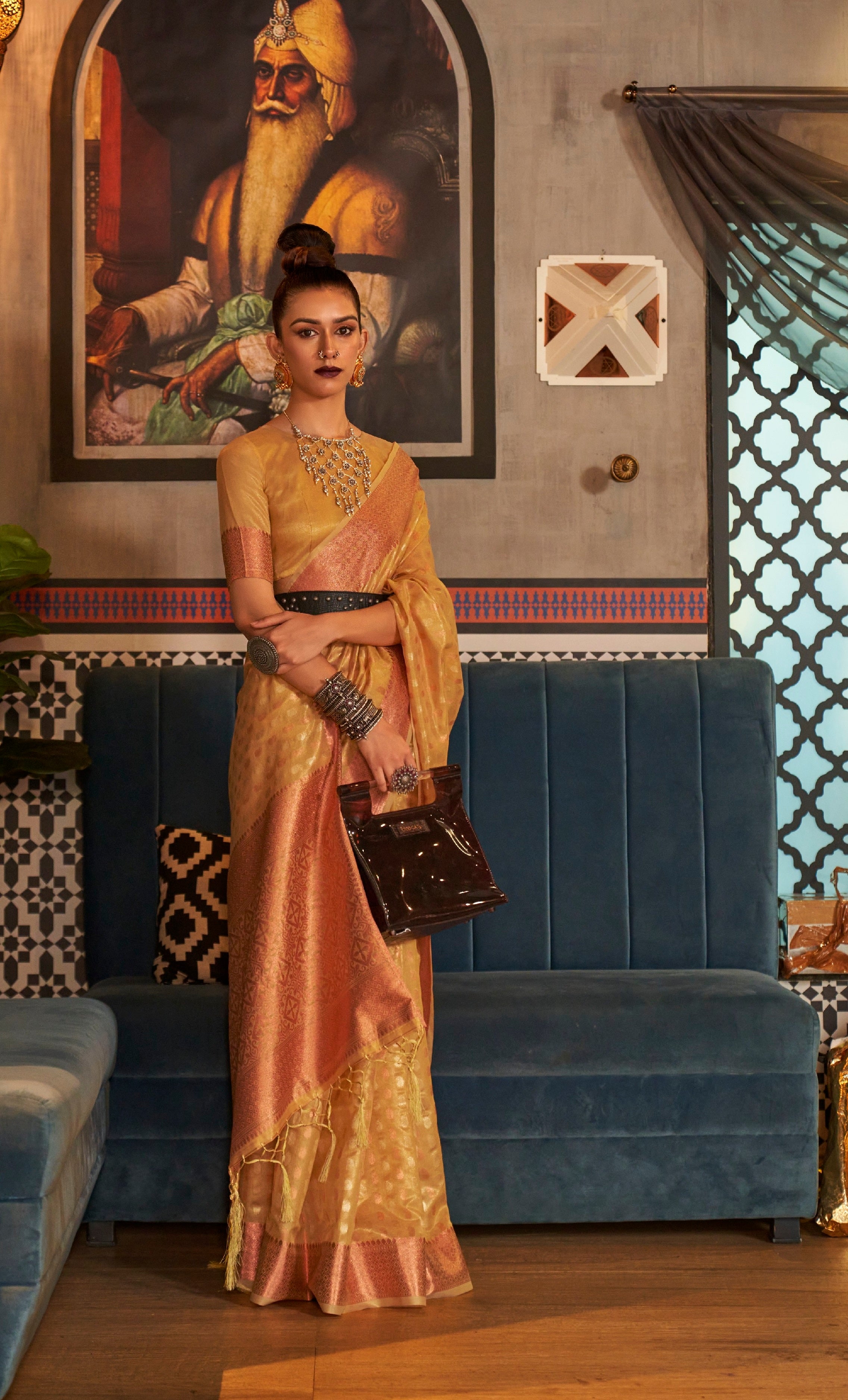 Designer Copper Zari Weaving Overall Butti Design Banarasi Cotton Silk Saree With Heavy Blouse