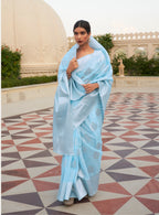 Designer Silver Zari Weaving Wedding Wear Banarasi linen Cotton Silk Saree With Heavy Blouse