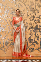 Vsaree Women's Designer Party Wear Golden Zari Weaving Laheriya Design Cream And Red  Kalapi Silk Saree With Matching Blouse And Rich Pallu Saree