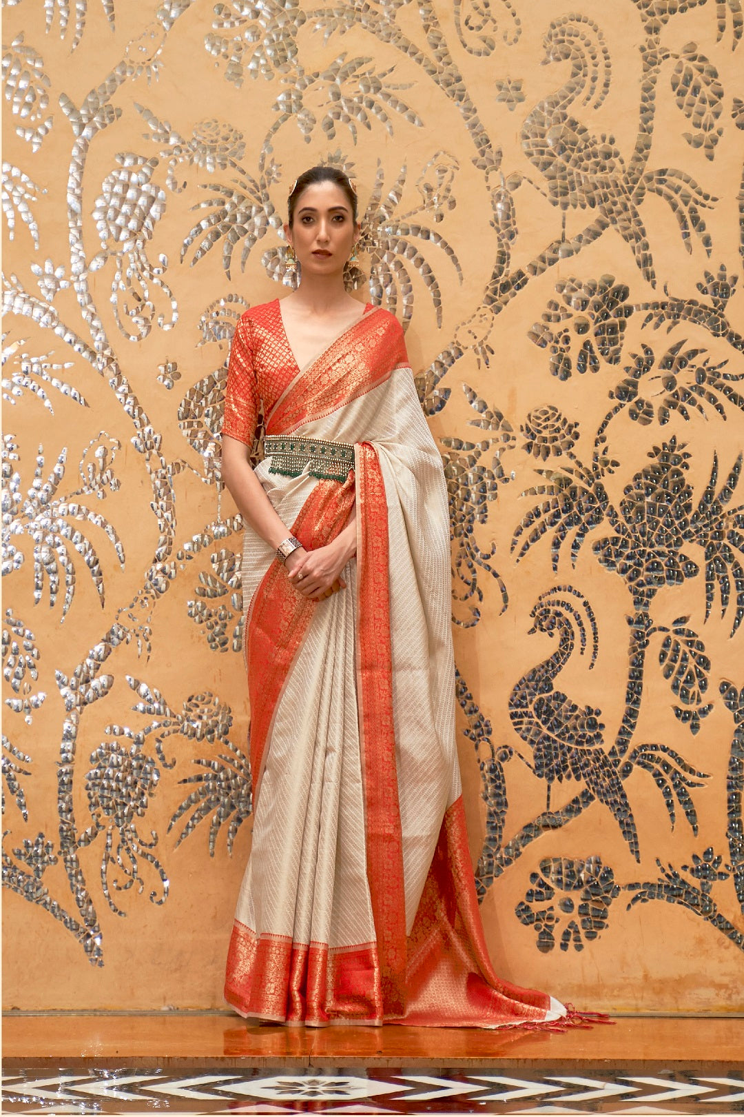 Vsaree Women's Designer Party Wear Golden Zari Weaving Laheriya Design Cream And Red  Kalapi Silk Saree With Matching Blouse And Rich Pallu Saree