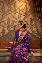 Dark PurpleColor Traditional Leaf  Design Copper Zari Weaving Border Saree With Designer Pallu And Zari Weaving Design Blouse